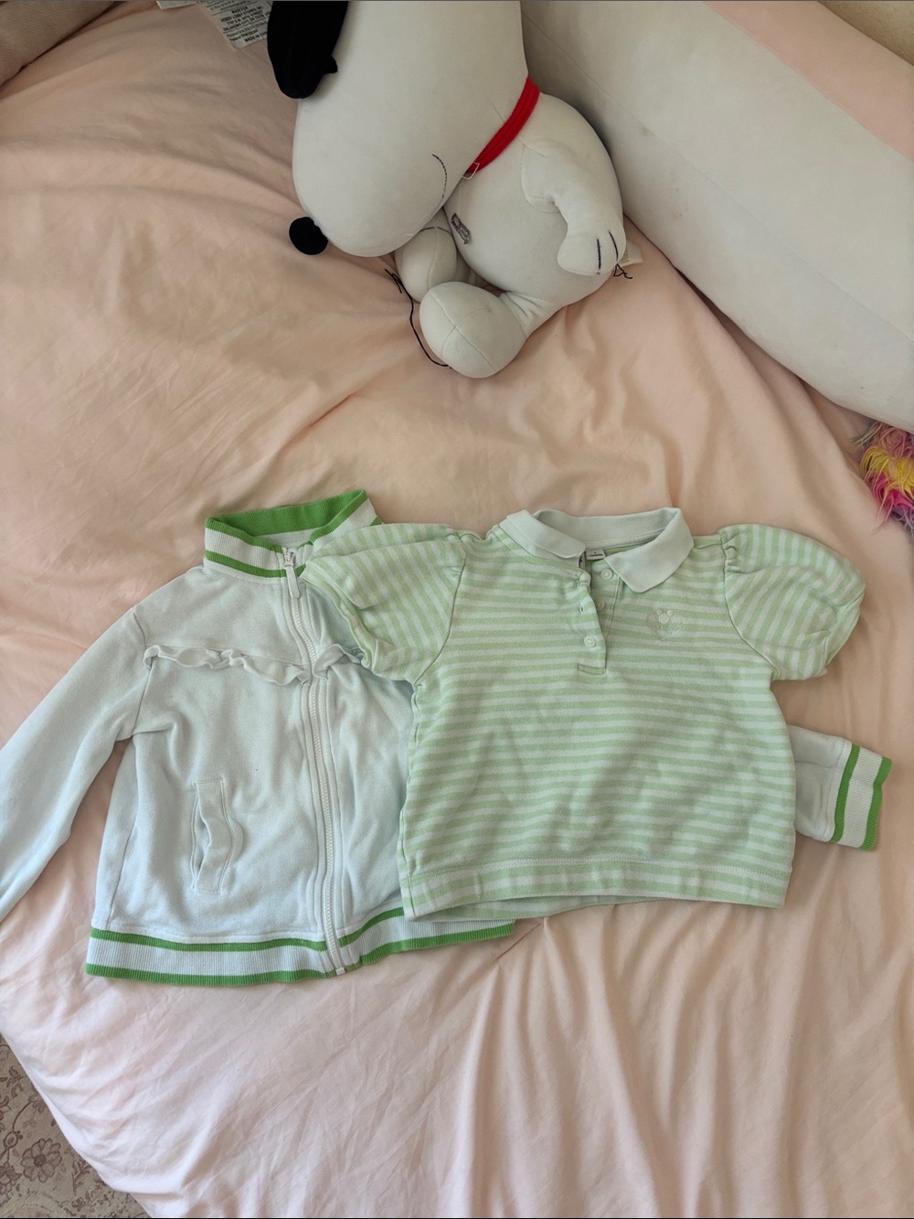 Janie and Jack Light Green Striped Polo Top with White Zip Jacket disney